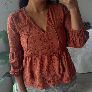 American Eagle Outfitters Terracotta Embroidered Blouse